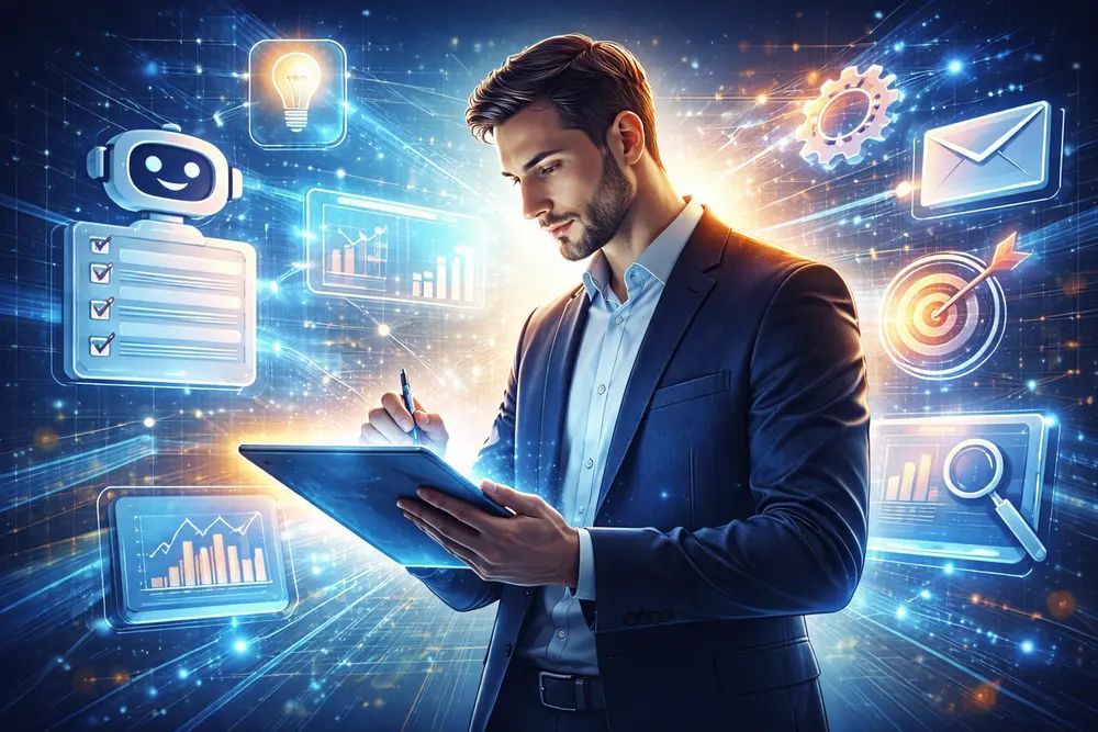 expert travaillant sur une tablette, entouré d'outils digitaux futuristes