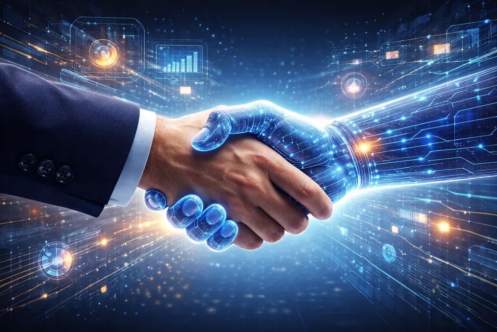 poignée de main entre un humain et une interface numérique symbolisant la collaboration