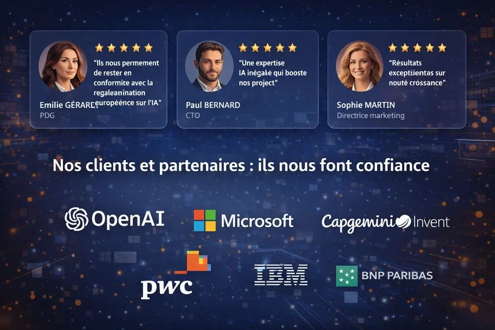Image de témoignages clients et de logos de partenaires renforçant la crédibilité