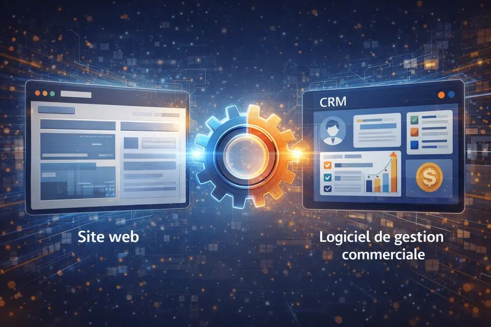 engrenage entre un site web et un logiciel de gestion commerciale (CRM)